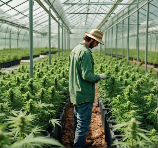A farmer tends to a cannabis plant